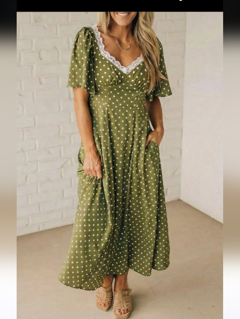 Olive Green Polka Dot Dress with Lace Trim NWOT